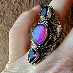 New Triplet Opal & Amethyst 925 Silver Statement Ring.